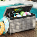 200Gal Deck Box Waterproof, Rattan Outdoor Storage Box on Wheels, Patio Raised Storage Bin with Zipper Liner, Mesh Pocket, Lockable Gas Rod Lid, for Pool Garden Toy Tool Rattan Furniture Cushions