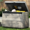 230Gal Outdoor Storage and Deck Box, Gray Rattan Lockable Storage Bin on Wheels, Raised Storage for Pool Patio Porch Toy Cushions, with Storage Pocket, Water Resistant Liner, Lockable