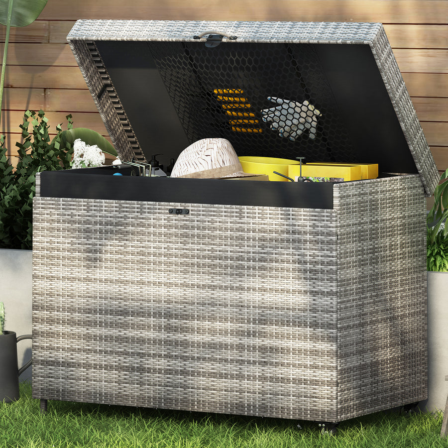 230Gal Outdoor Storage and Deck Box, Gray Rattan Lockable Storage Bin on Wheels, Raised Storage for Pool Patio Porch Toy Cushions, with Storage Pocket, Water Resistant Liner, Lockable