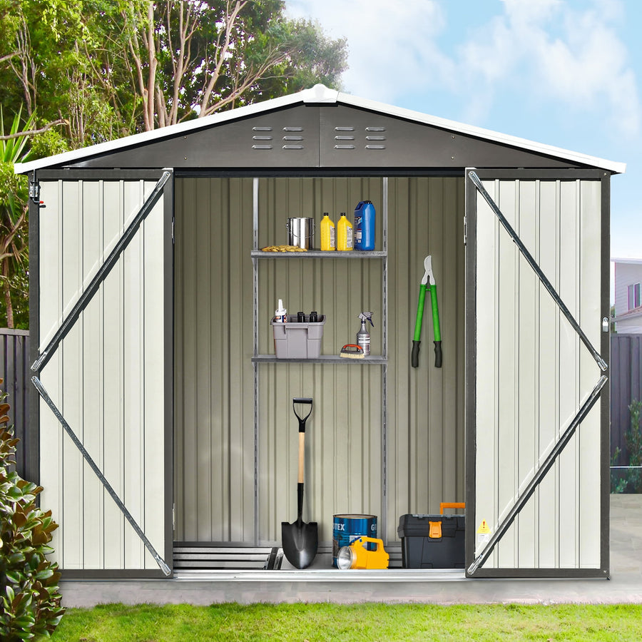Seizeen Sheds and Outdoor Storage, 8 x 6FT Metal Patio Tool Storage Sheds w/Adjustable Shelf and Lockable Door, Base Frame, Galvanized Storage Shed for Backyard Garden, Gray