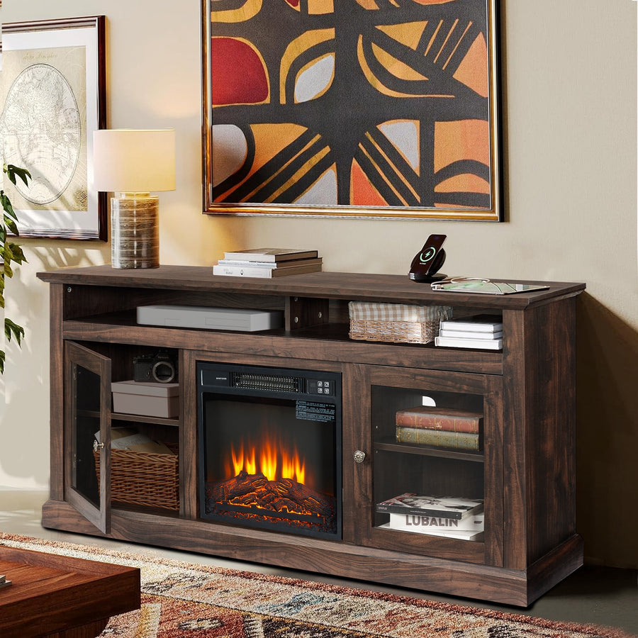 Seizeen Fireplace TV Stand with Storage, for TVs up to 65 Inches, Entertainment Center with Fireplace, Media Console Cabinet for Living Room, 60 Inch, Brown