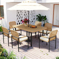 Seizeen 7 Pieces Patio Dining Set, Outdoor Wicker Furniture Set, Plastic-wood Table Top with Umbrella Hole, Rattan Dining Set for Backyard, Garden and Poolside, Beige Cushions