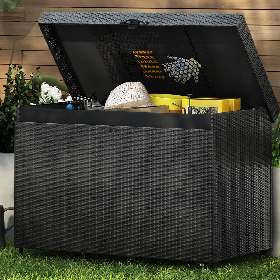 Deck Box Waterproof, 200Gal Rattan Storage Box for Outdoor Pool, PE Wicker Storage Bin Bench on Wheels, with Liner, Mesh Pocket, Gas Rod Lid, Lockable Cushions Storage, Black