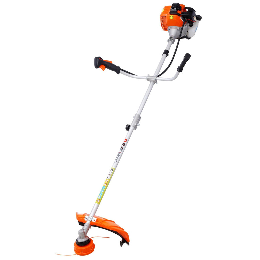 33cc Gas Weed Eater, 7-in-1 2-Cycle Gas Powered String Trimmer and Brush Cutter with Edger, Metal Blades, Quick-Change Attachments, Shoulder Harness and Safety Gear, Blue/Black
