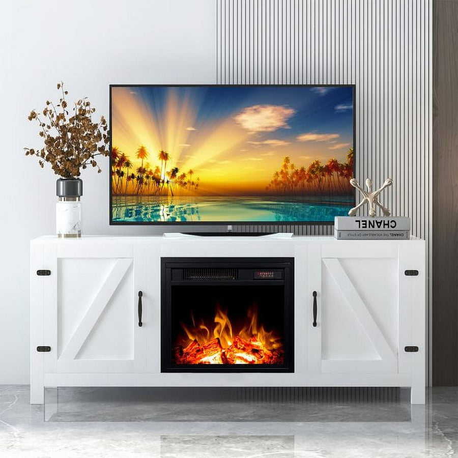 TV Stand with Fireplace, Wood Electric Fireplace TV Stand with Remote Control and Storage Cabinet, Fireplace Heater Entertainment Center for TV's Up to 60" with 2 Doors, White