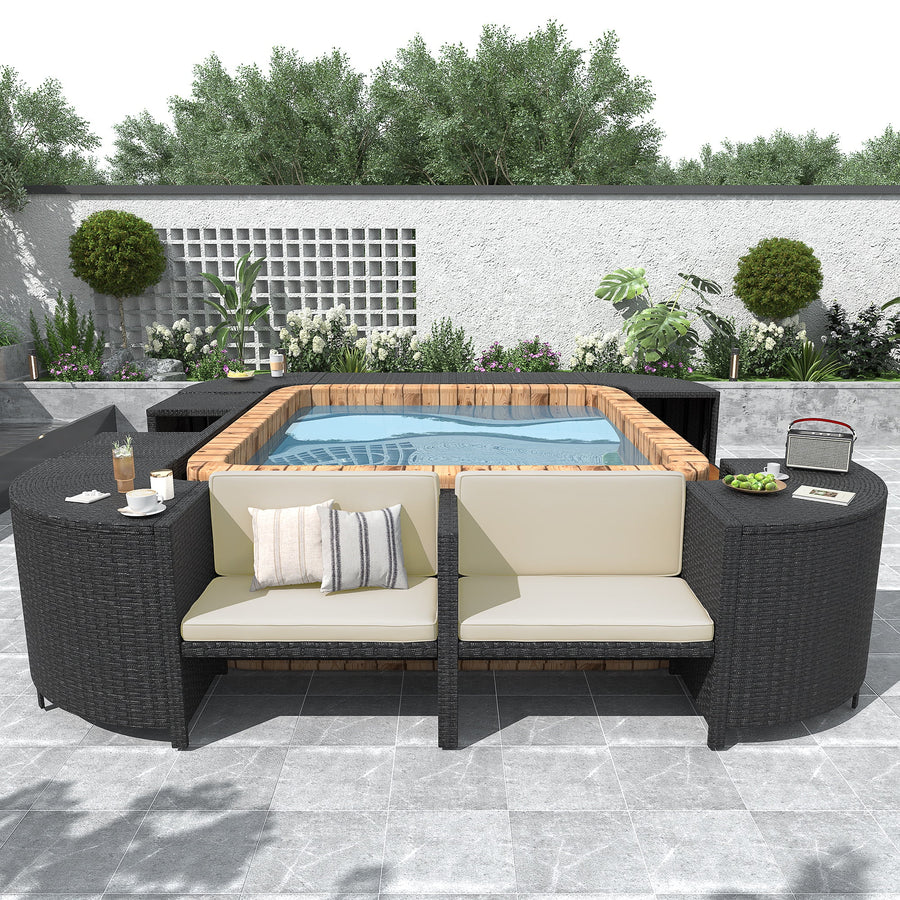 Rattan Spa Frame, Hot Tub Spa Surround, Sectional Sofa Set with Mini Sofa & Benches, Beige