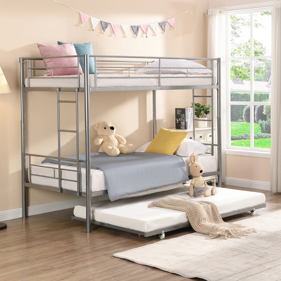 Bunk Beds for Kids, Twin Over Twin Bunk Bed with Trundle, Small Space Metal Bunk Beds for Kids Rooms Guest Rooms, Up to 400LBS with Ladders and Safety Guard Rails, Gray