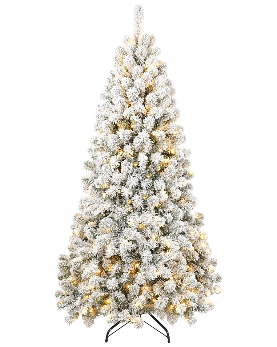 5ft Pre-lit Flocked Christmas Tree, Lighted Artificial Pine Tree w/850 Tips, 250pcs Warm Lights, 3-step Assembly, White