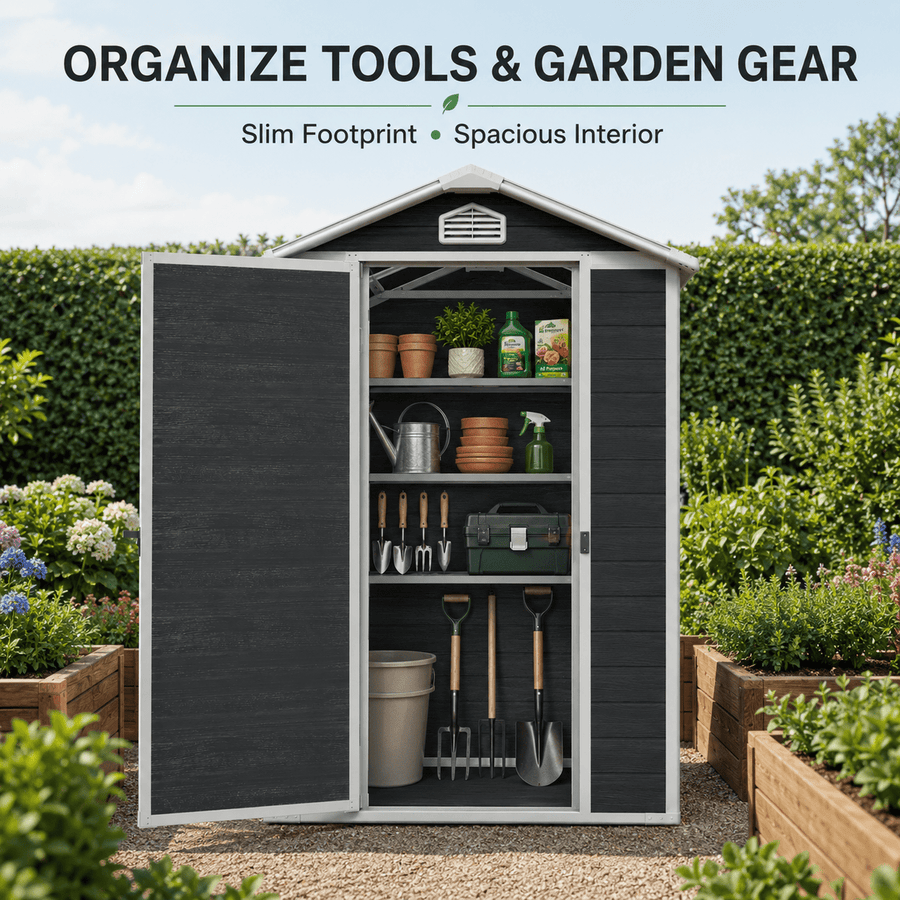 Seizeen 4 x 6 FT Plastic Storage Shed with Floor, Sloped Roof Outdoor Resin Shed with Window & Vents, Lockable Garden Tool Shed for Backyard Patio Lawn, Black