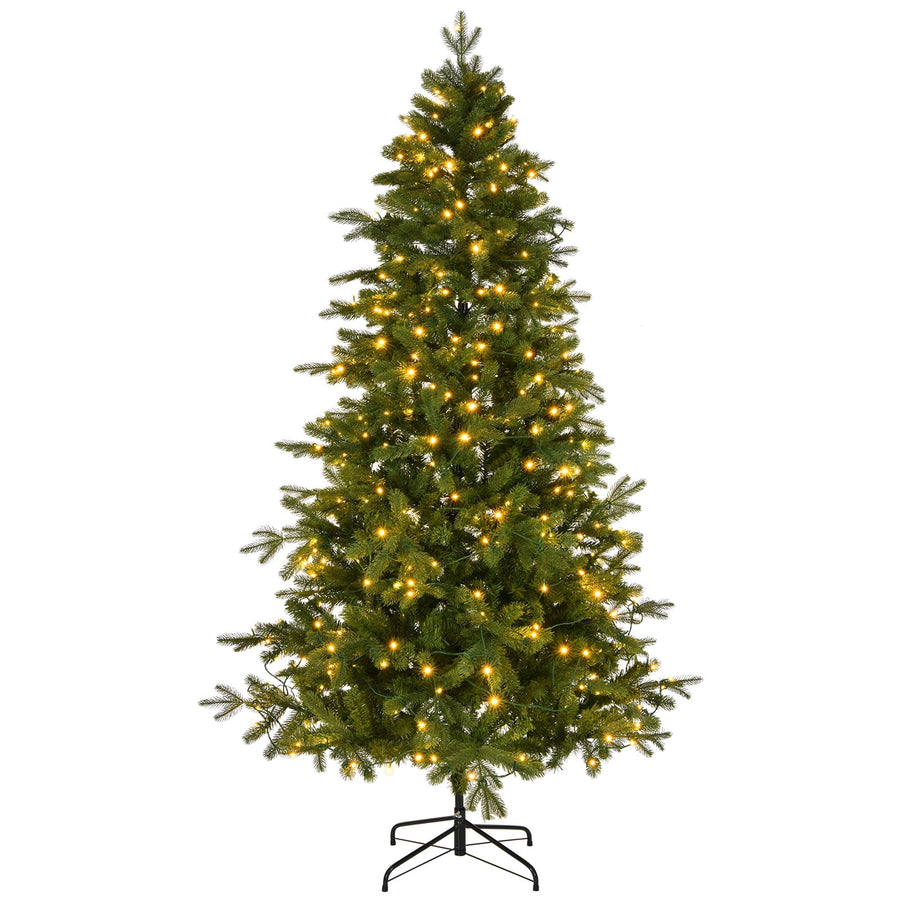 6ft Pre-lit Christmas Tree, Lighted Artificial Pine Tree w/728 Tips, 300pcs Warm Lights, 3-step Assembly, Green