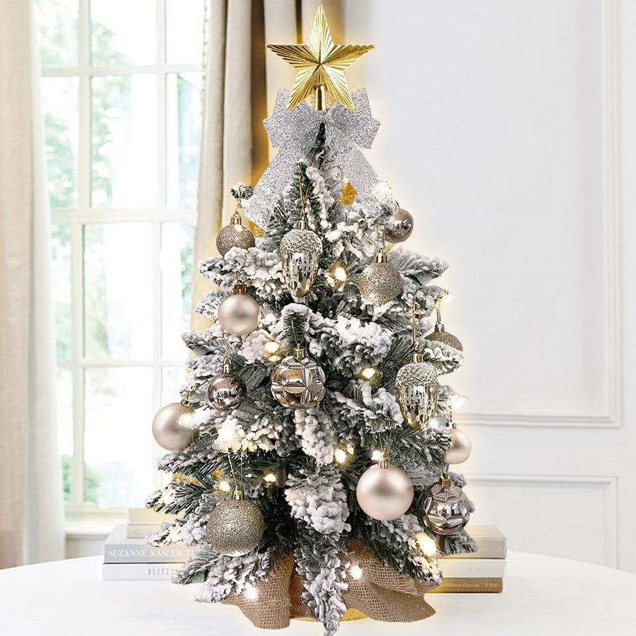 Tabletop Christmas Tree with Lights, 2FT Pre-lit Christmas Tree with Rich Decorations, Mini Artificial Tree Shiny Ornaments & Light String for Xmas, White Small Lighted Tree for Home Decor, Gold