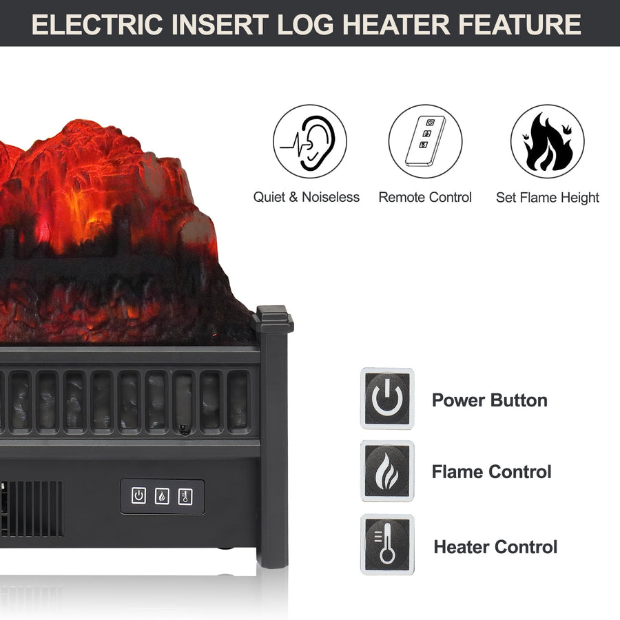 Seizeen 20'' Electric Fireplace Insert, 1400W Fireplace Log Set Heater with 3D Realistic Flame, Remote Control, Adjustable Thermostat, 1-9H Timer