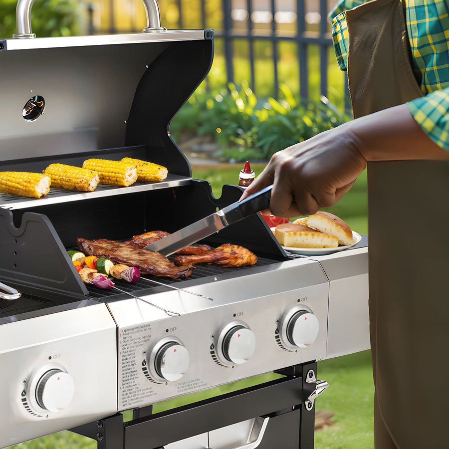 Gas Grill w/Side Burner, 40500BTU Propane Grill with Cover, Stainless Steel Outdoor BBQ 2 Cooking Areas, Portable Grill for Camping Patio