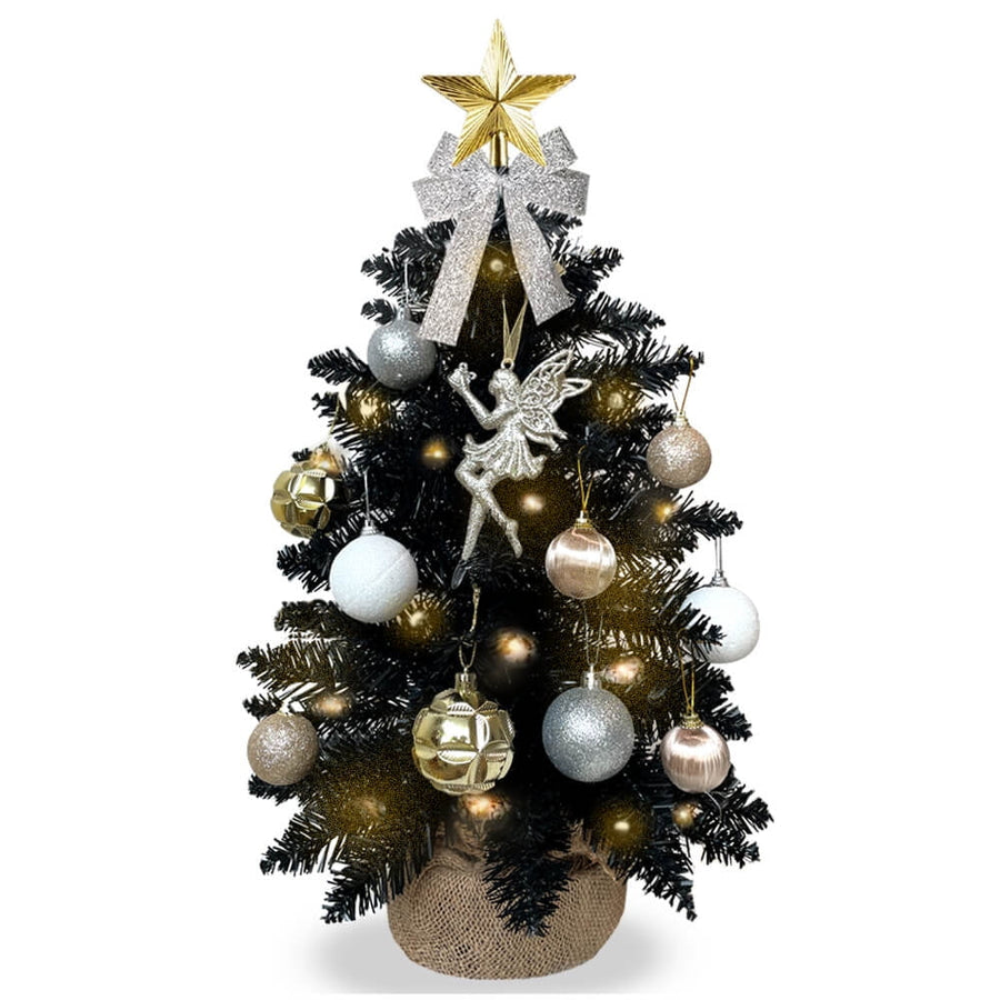 Tabletop Christmas Tree with Light, 2FT Small White Artificial Christmas Decoration Tree with Flocked Snow, Rich Decor & Xmas Ornaments for Home & Office, Black