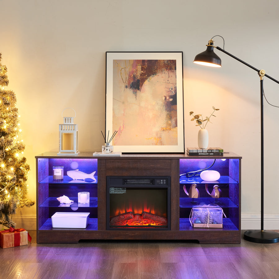 Fireplace TV Stand w/LED Lights, TV Stands for 65 Inch TV with Large Storage, Entertainment Center Media Console with Fireplace, 7-color Light, 3-level Adjustable 3D Flame, Power Outlet