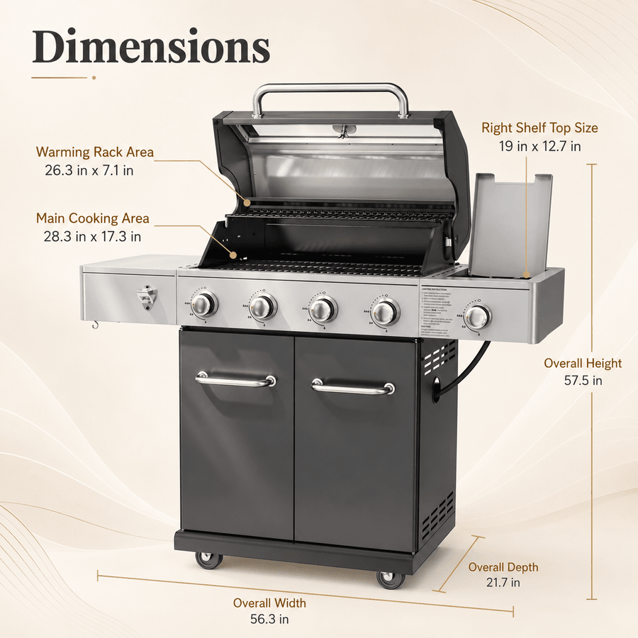 Seizeen 56,000 BTU Outdoor BBQ Grill, 4-Burner Propane Gas Grill with Side Burner w/ Lid Viewing Window, Multifunctional Grill w/Cast Iron Grate, Built-in Thermometer, Warming Rack for Patio Backyard