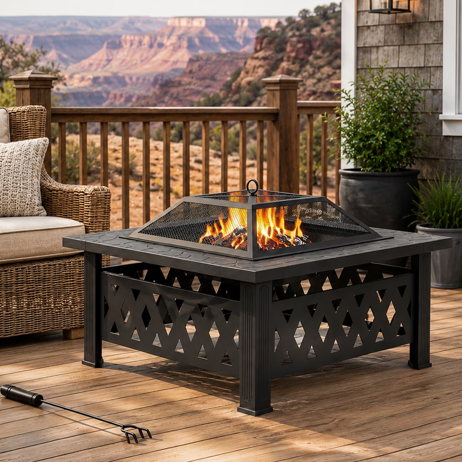 Seizeen Fire Pit, 32’’ Square Metal Wood Burning Fire Table for Outdoor, Diamond Pattern Firepit with Poker & Screen, Patio Backyard Garden Camping Warming Stove with Stone Tabletop