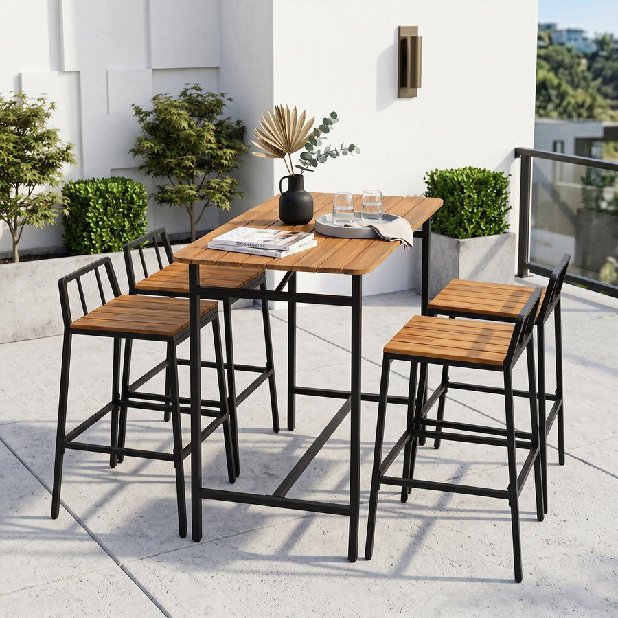 5-Piece Outdoor Patio Bar Table Set with 4 Chairs, Acacia Wood Counter Height Dining Set with Black Iron Frame, Outdoor Bistro Table and Chair Set for Patio, Garden, Balcony, Backyard