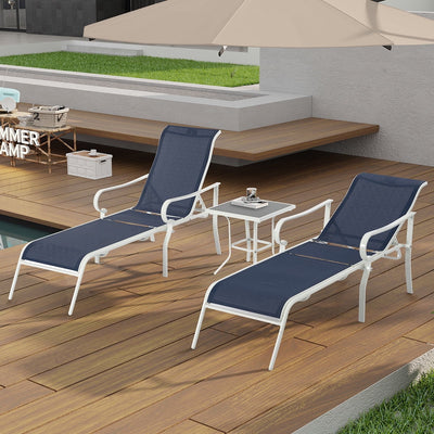 3 Pieces Outdoor Chaise Lounge Set, Heavy-Duty Foldable Chaise Lounge Chair with 1 Table, Sturdy Steel Frame Sun Lounger for Poolside Beach Patio, Nevy Textilene
