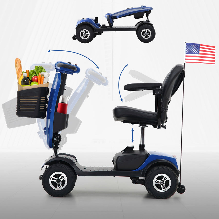 Mobility Scooters Wheelchair, Foldable Electric Scooter 4 Wheel for Adults Seniors Easy to Drive, with Windshield Cup Holder USB Port, 10 miles, 265 lbs, Blue