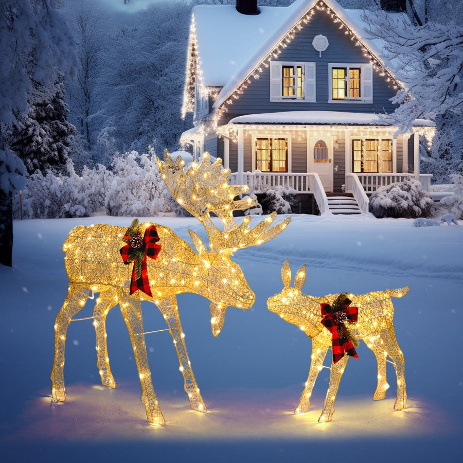 Outdoor Christmas Decoration with Lights, 2-Piece Golden Deer Father & Kid Set with 200 LED Lights for Yard