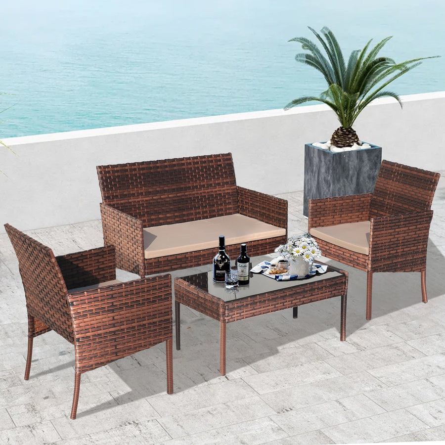 4PCS Patio Conversation Sets, Outdoor Rattan Furniture Sofa Set, Cushioned Table Set w/ Loveseat for 4, Tempered Glass Table, Deep-seat Armchairs, Brown