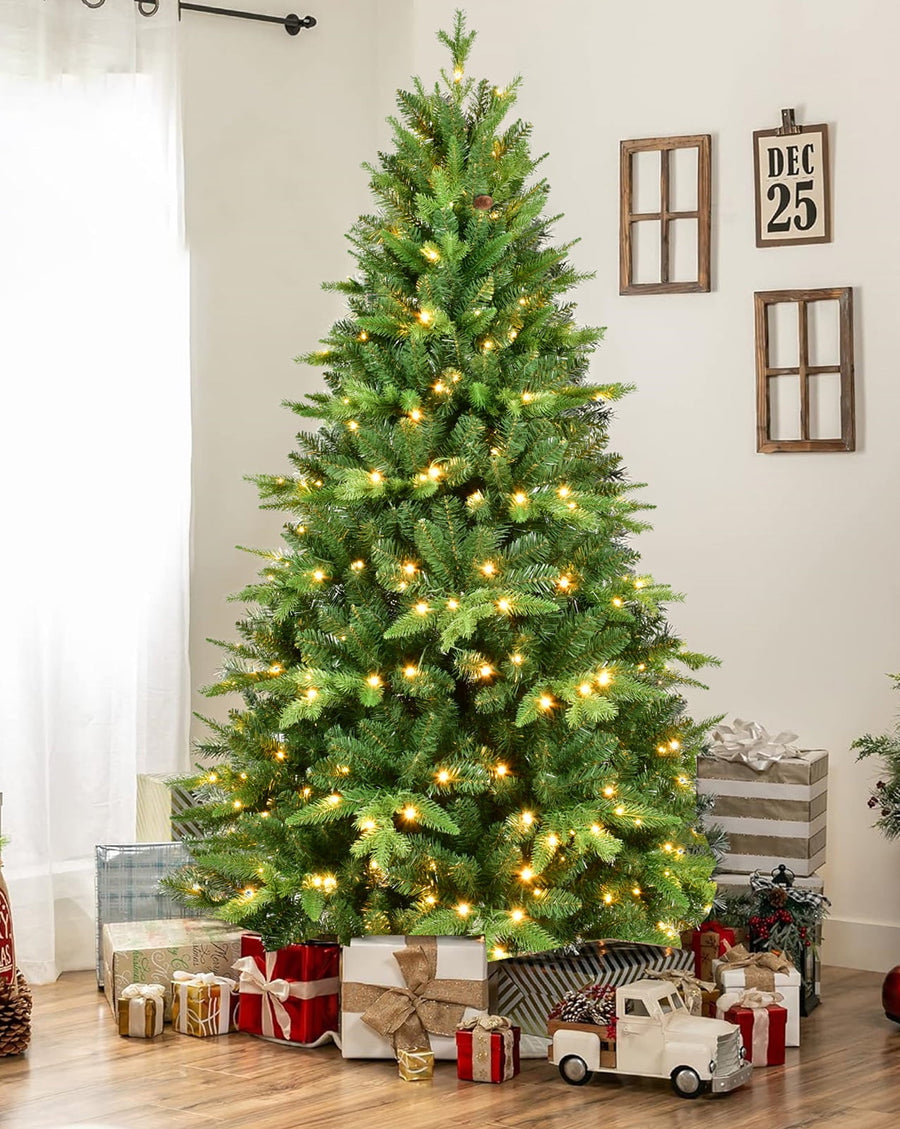 5ft Pre-lit Christmas Tree, Lighted Artificial Pine Tree w/850 Tips, 250pcs Warm Lights, 3-step Assembly, Green