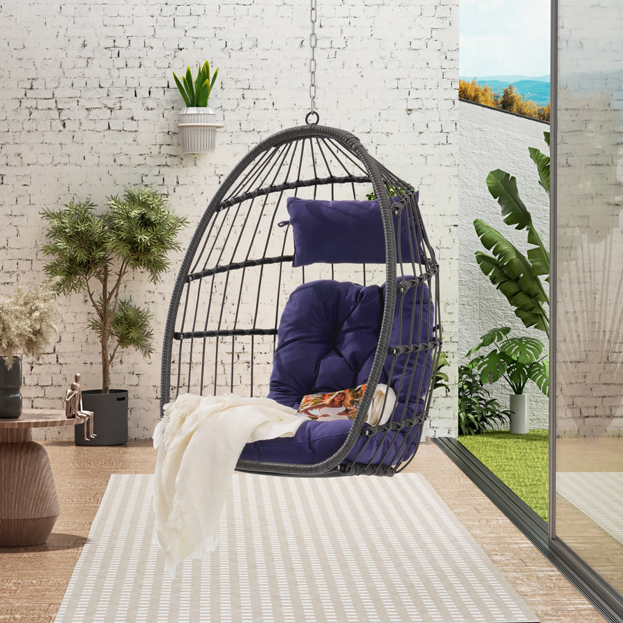 Rattan Egg Chair for Outside, Hanging Swing Chair with Cushion, Hammock Chair Folding Design Porch Balcony Chair, Navy