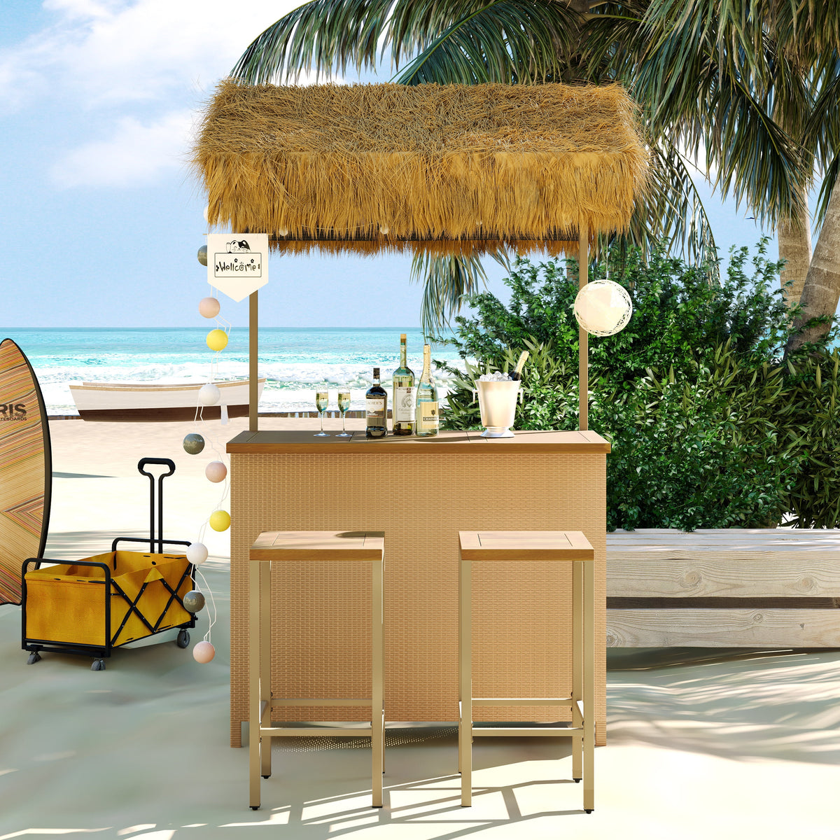Patio Bar Set for Outside, 3pcs PE Rattan Bar Table Stool w/Shelf & PE ...