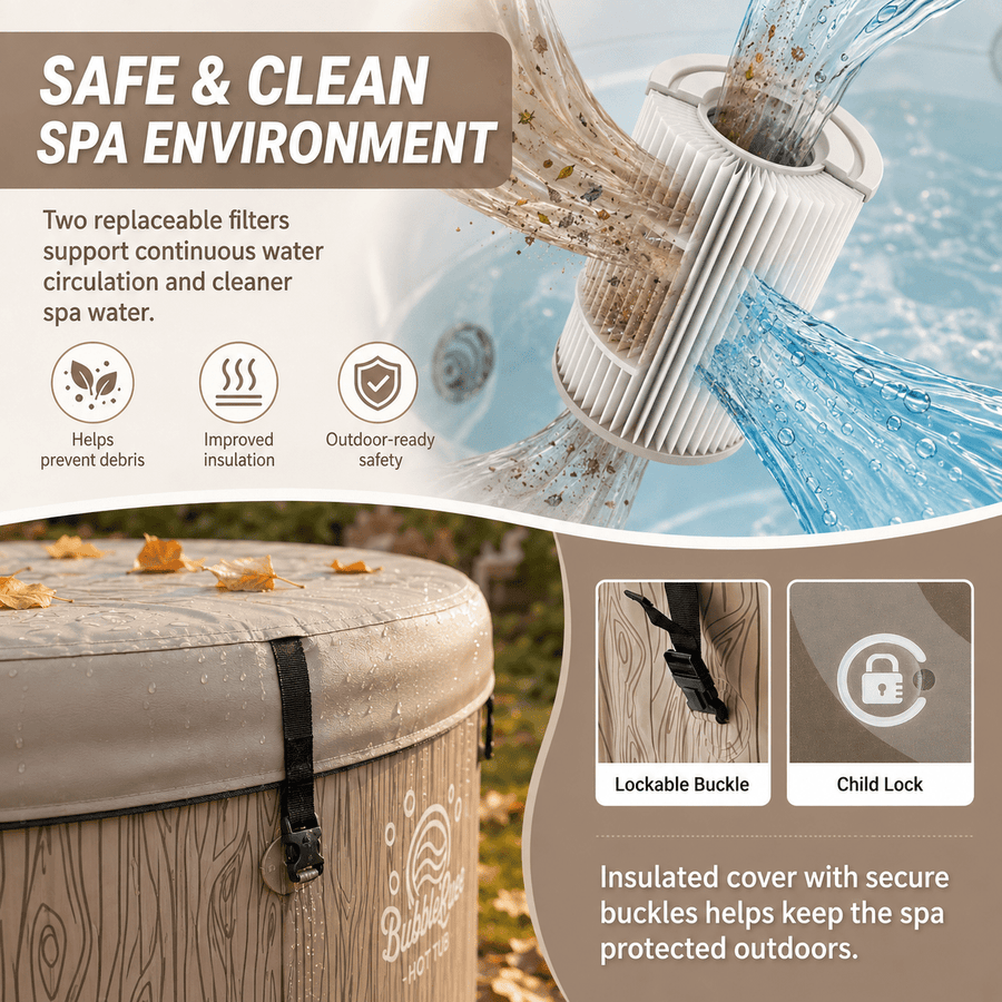 Seizeen 6 Person Inflatable Hot Tub, 80 Inch Portable Outdoor Spa with 140 Air Jets, 259 Gal Heated Bubble Massage Spa with Cover, Wood Brown