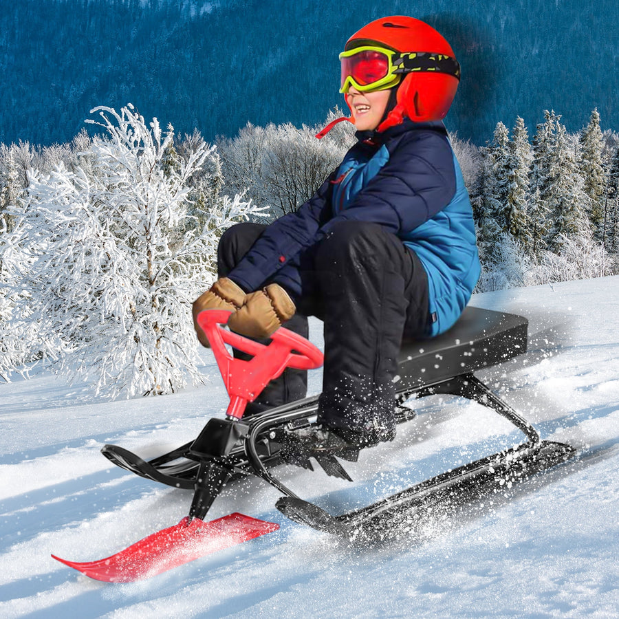 Lightweight Snow Racer Sled, Seizeen Steering Racer Sled for Kids Teen Adult, 45'' Snow Sled with Steering Wheel, Steel Frame, Leather Cushion, Traction Rope, Red Ride on Sled with Twin Brakes