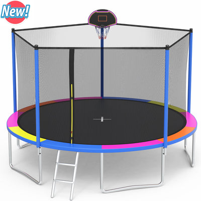 Seizeen Outdoor Trampoline for Kids, 12FT Round Trampoline W/ Enclosure Net, Colorful Trampoline with Basketball Hoop, Ladder, Upgraded 5-W Support