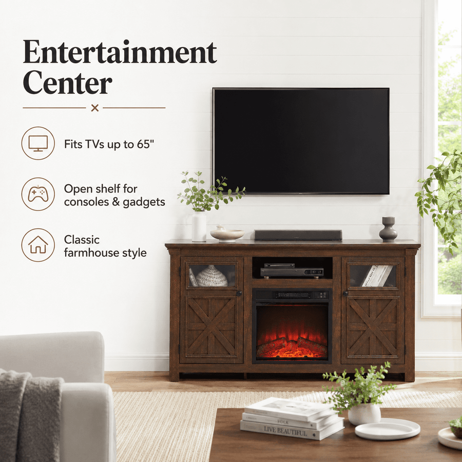 Seizeen Fireplace TV Stand for 60'' TV, 55''L Entertainment Center TV Cabinet, Farmhouse Media Console W/Large Storage, Remote Control for Fireplace, Infrared Heater & Virtual Flame, Gray Wash