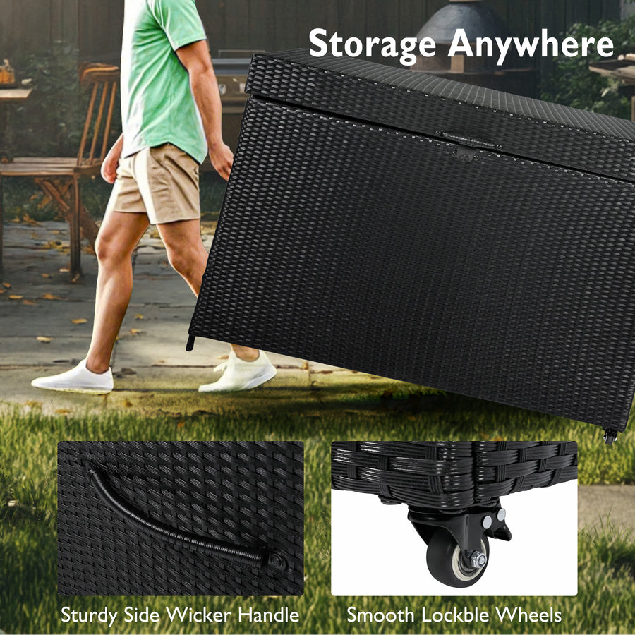 Deck Box Waterproof, 200Gal Rattan Storage Box for Outdoor Pool, PE Wicker Storage Bin Bench on Wheels, with Liner, Mesh Pocket, Gas Rod Lid, Lockable Cushions Storage, Black