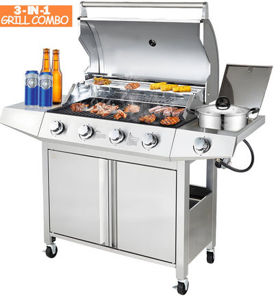 4-Burner Propane Gas Grill with Side Burner, 48500 BTU Outdoor BBQ Backyard Grill w/2-IN-1 Griddle Grate, 478 SQ.IN. Cooking Area, All Stainless Steel
