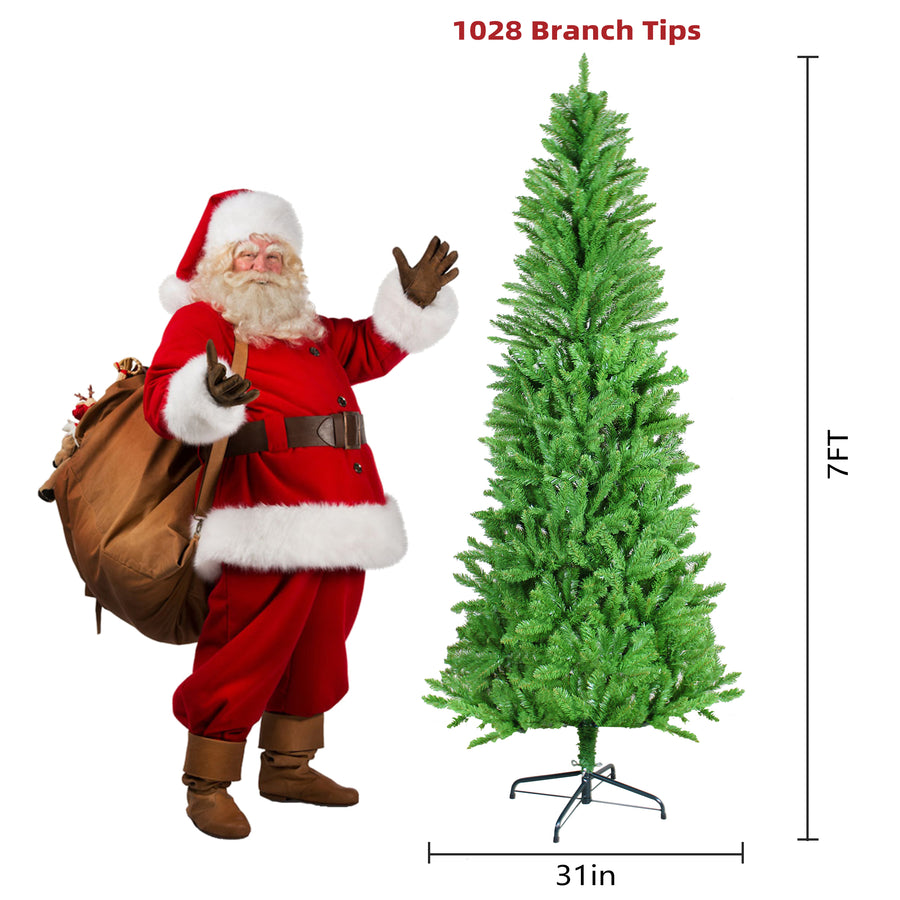Seizeen 7FT Christmas Tree, Artificial Green Tree with 775 Green Tips, Slim Fir Xmas Tree w/Hinged Branches, Folding Metal Stand, Holiday Decoration for Carnival Party