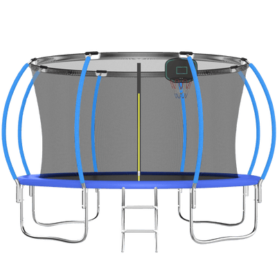 144IN Trampoline for Kids, Seizeen Outdoor Trampolines with Enclosure, 2-IN-1 Large Trampoline with Basketball Hoop, Round Trampoline Anti-collision Curved Design for Backyard Play, Blue