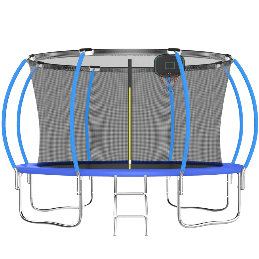 144IN Trampoline for Kids, Seizeen Outdoor Trampolines with Enclosure, 2-IN-1 Large Trampoline with Basketball Hoop, Round Trampoline Anti-collision Curved Design for Backyard Play, Blue