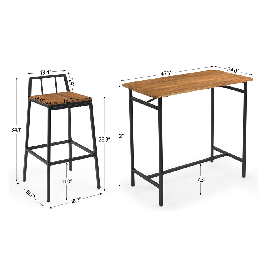 5-Piece Outdoor Patio Bar Table Set with 4 Chairs, Acacia Wood Counter Height Dining Set with Black Iron Frame, Outdoor Bistro Table and Chair Set for Patio, Garden, Balcony, Backyard
