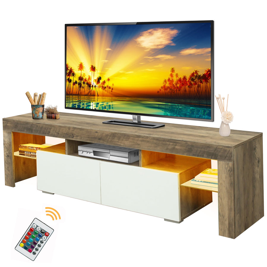 Modern TV Stand, Simple TV Stand for 70 inch TV with 16-Color LED Lights, Colorful Lighted Entertainment Center With Ample Storage, 2 Drawers and 3 Shelves, Gray Walnut & White