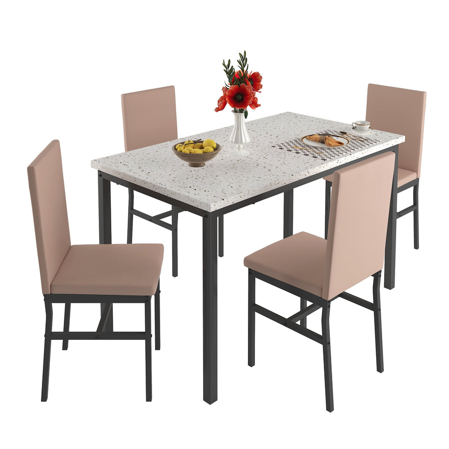 New Dining Room Set for 4, Seizeen 5 Pieces Kitchen Dining Table Chair Set with Marble Top, Modern Dining Table with Leather Chairs for Breakfast Nook, Khaki Color