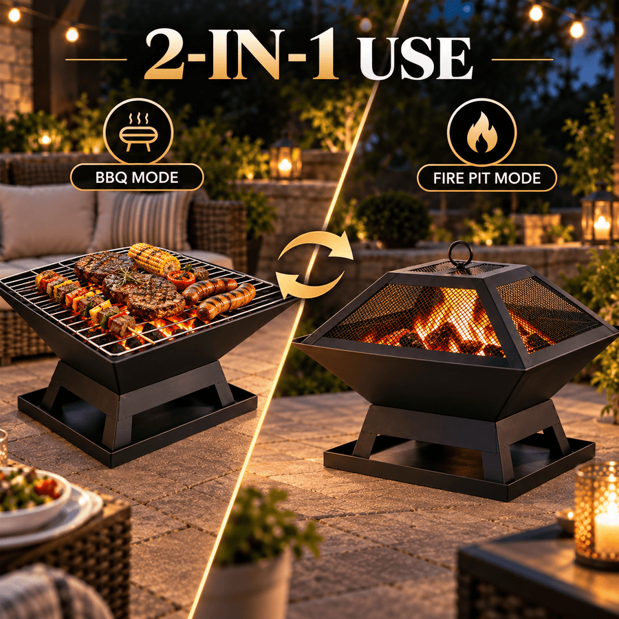 Portable Fire Pit for Outside, Seizeen Wood Burning Fire Pits 19'' Small Size, Square Firepit with Screen Cover, Fire Bowls with Ash Tray, Poker