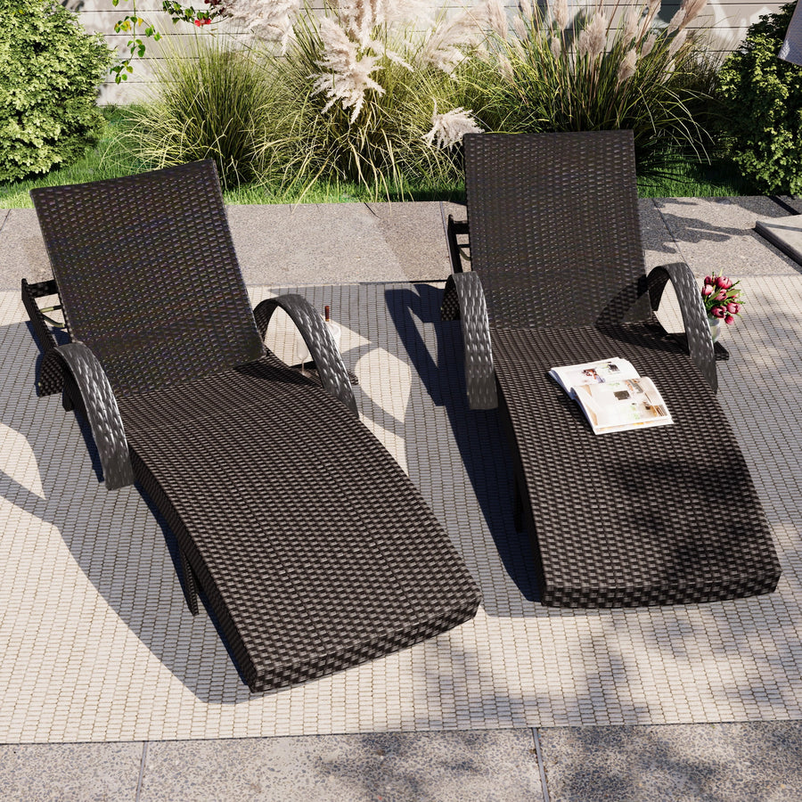 Pool Lounge Chair Set of 2, Outdoor Wicker Rattan Chaise Lounge with Pull-out Side Table, 4-Position Adjustable Backrest Patio Chairs Recliner Lounger, Dark Brown