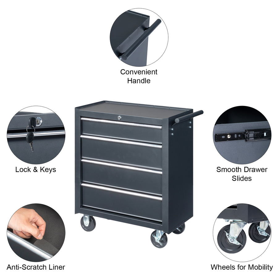 Seizeen 4-Drawer Rolling Tool Box, Garage Tool Chest Large Capacity, Lockable Tool Cart Organizer on Wheels with Sliding Drawers, Black