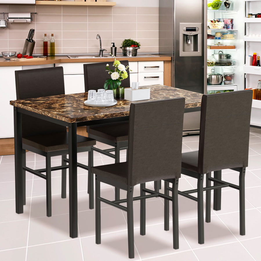 Modern Dining Set for 4, 5-Piece Dining Table and Chairs Set, 1 Table with Marble Top, 4 Leather Chairs for Kitchen Dining Room Living Room, Coffee