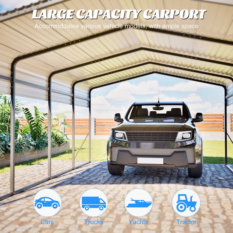 13x20ft Carport Galvanized Steel, Heavy Duty Carport Shelter with Reinforced Frame&4 Poles for Outdoor, Weatherproof Roof, Car Boat Tractor ATV RV Shelter, 44MPH Near Gale Level