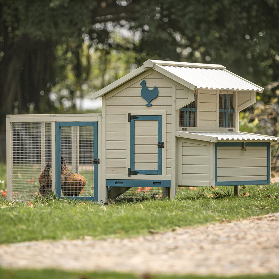 Outdoor Chicken Coop, Weatherproof Chicken Coop for 5-7 Chickens Hens Ducks, 2-Tier Poultry House w/Nesting Boxes & Running Cage, Removable Tray, 74''L