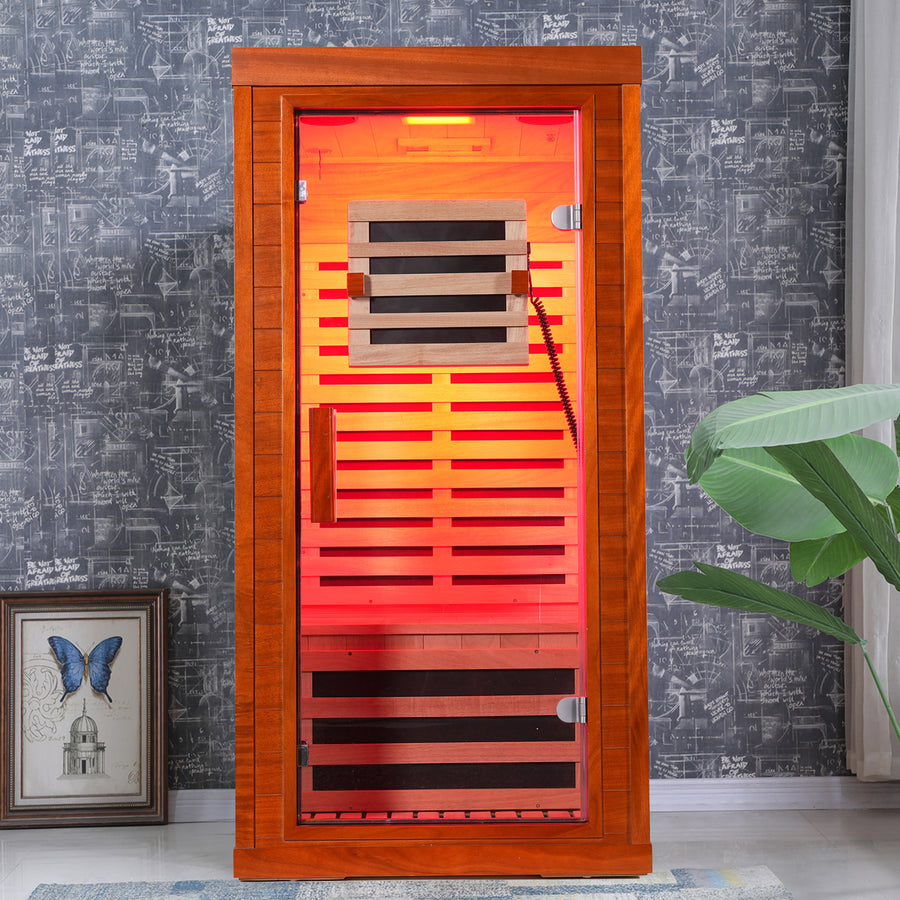 Seizeen Infrared Sauna with Beaty Lamps, 1-Person Indoor Dry Sauna with 7 Colors Light, Low EMF Okoume Wood Home Sauna Room 7 Carbon Crystal Heaters