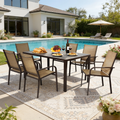 7-Piece Outdoor Dining Table Set, Patio Dining Table Set for 6, Patio Furniture Outdoor Table and Textilene Chairs, HDPE Tabletop, Reinforced Frame, Brown