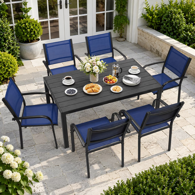 7-Piece Patio Dining Set – Outdoor Rattan Dining Set with 6 Textilene Chairs, Plastic Wood Grain Weather-Resistant Table and Chairs for Garden, Backyard & Poolside
